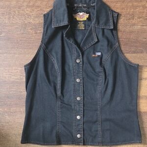 Black Sleeveless Denim Vest with Button Closure